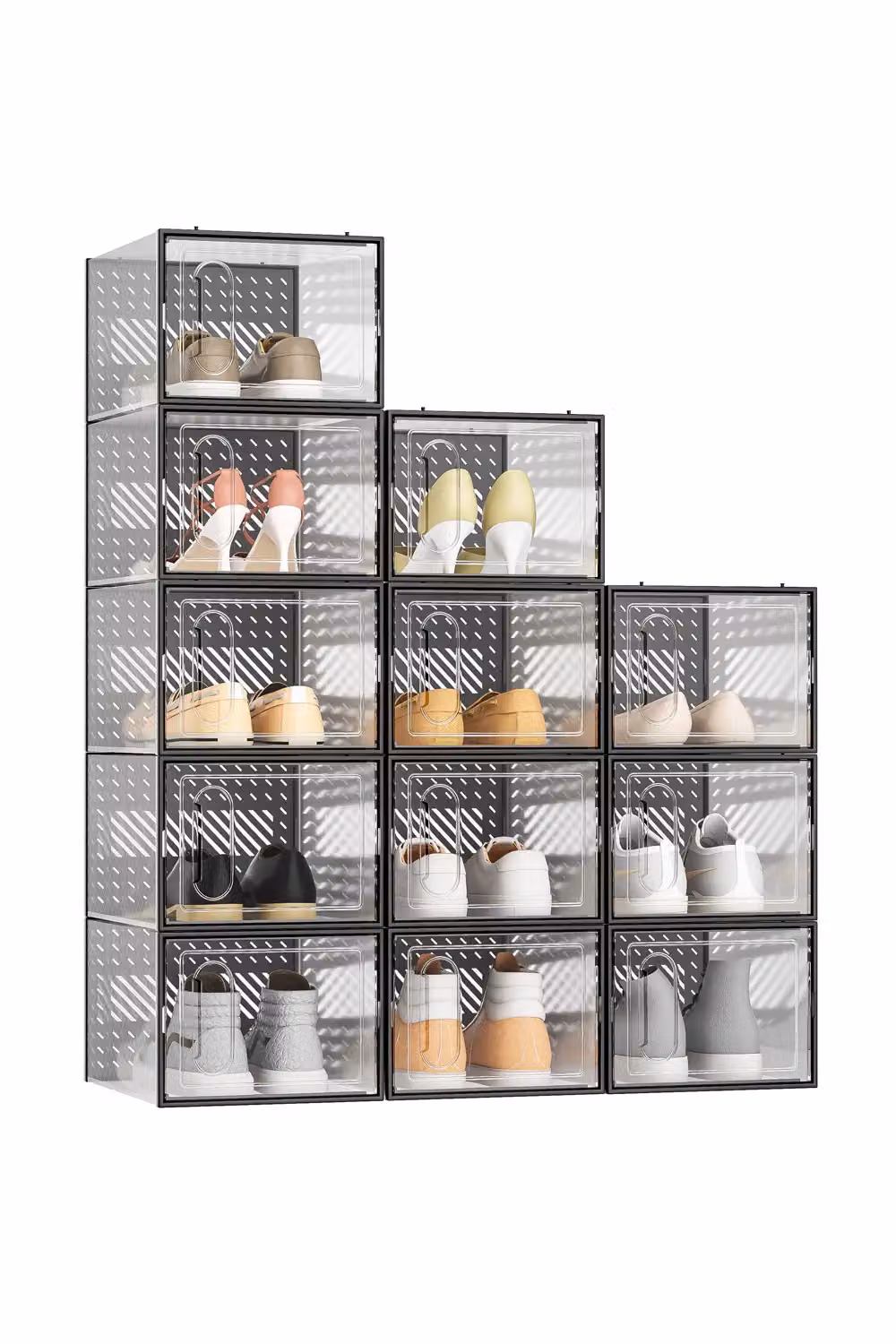 Living and Home 12 Pack Stackable Shoe Storage Boxes in Black and Transparent Plastic – 2