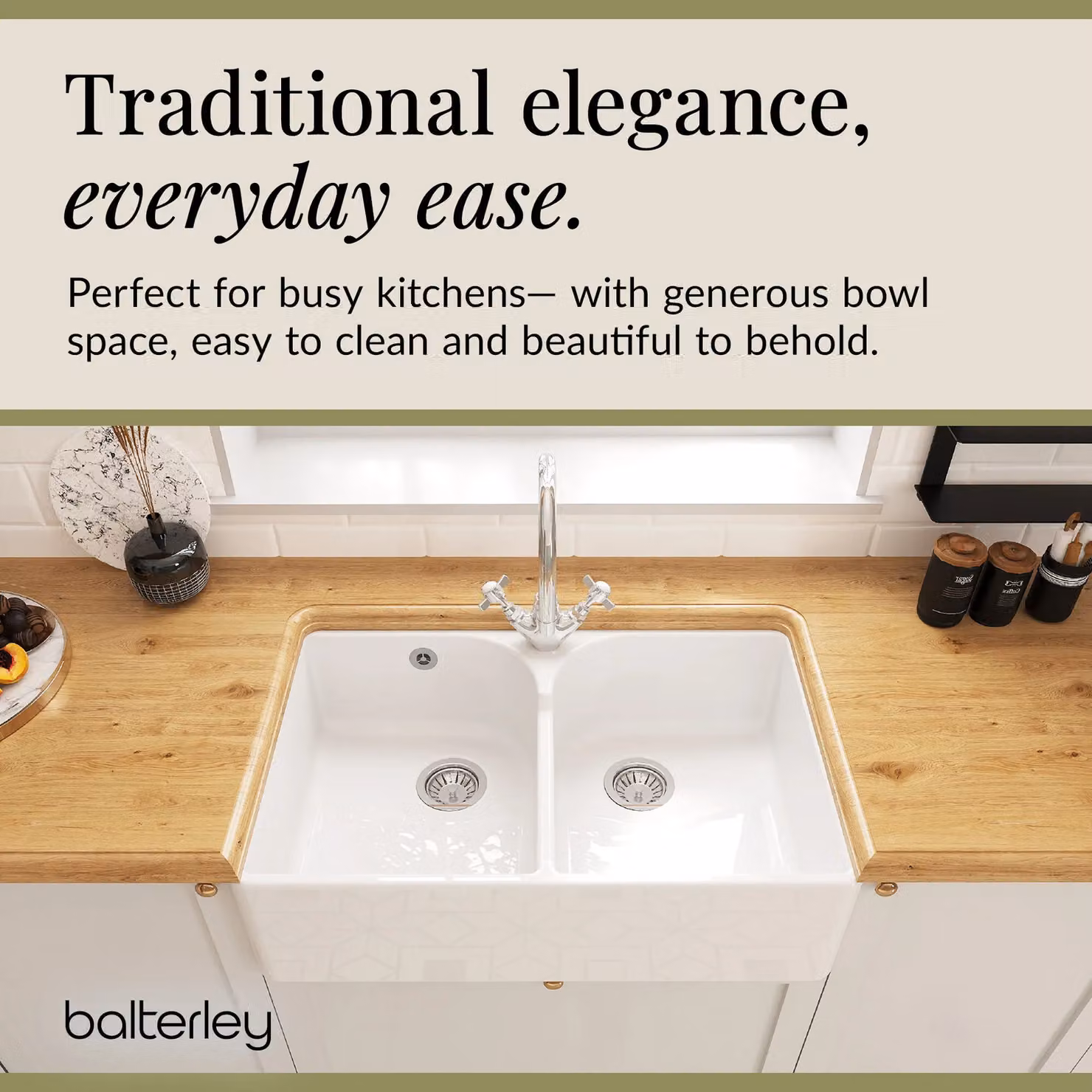 Balterley White Ceramic 2 Bowl Stepped Weir Butler Sink with Overflow and Tap Waste, W: 79.5 cm – 2