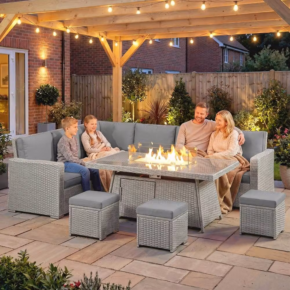 ERGOVEXA Seven-Piece Grey Rattan Firepit Table Sofa Set with Upholstered Cushions – 4