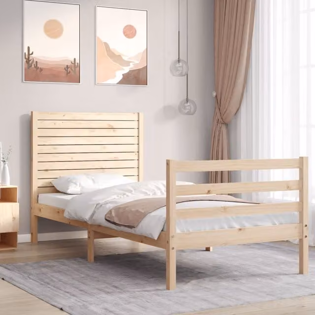 Berkfield Home Small Single Solid Pine Wood Bed Frame with Headboard in Brown