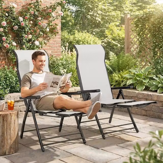 OUTSUNNY Set of 2 Folding Reclining Garden Chairs with Ottomans in Grey
