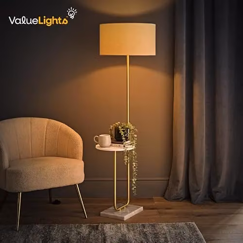 ValueLights Brushed Gold Floor Lamp with Brown Marble Base and Large White Fabric Shade – 2