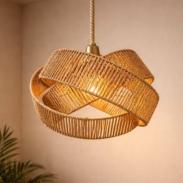 Voltico Brown Rattan Ring Pendant Lampshade, Handwoven Wicker Boho Ceiling Shade, Diameter: 30 cm