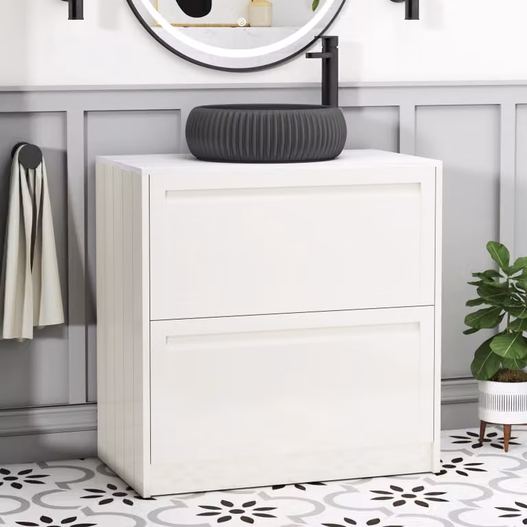 Royal Bathrooms Elmore Classic White Floor Standing Countertop Vanity Unit with 2 Drawers and Milan Black Basin