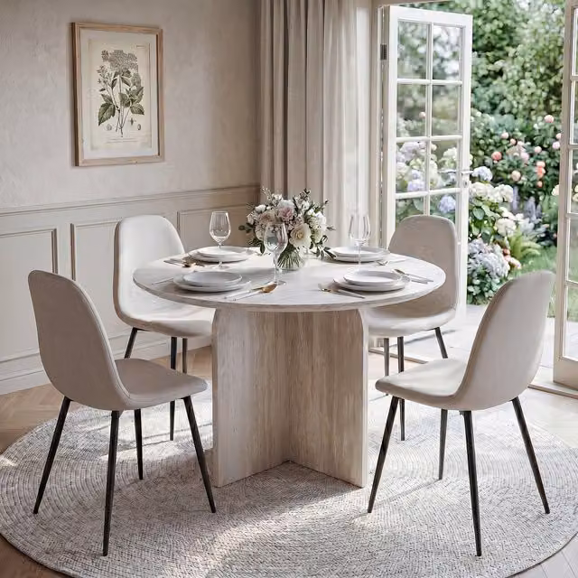 NYX Dining Set with Round Stone Effect Table and Linen Chairs in Beige