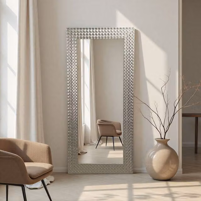 Yearn Hammered Full Length Framed Bevelled Wall Mirror in Silver