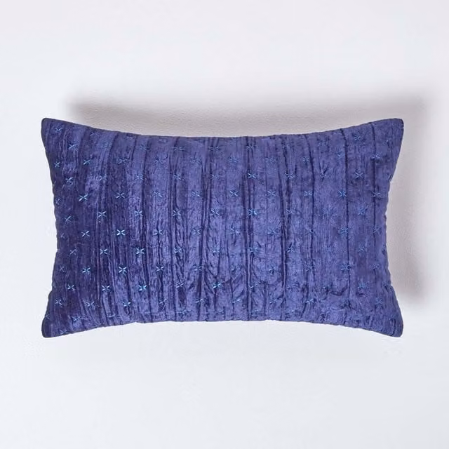 Homescapes Navy Blue Crushed Velvet Cross Stich Rectangular Cushion Cover, W: 50 cm