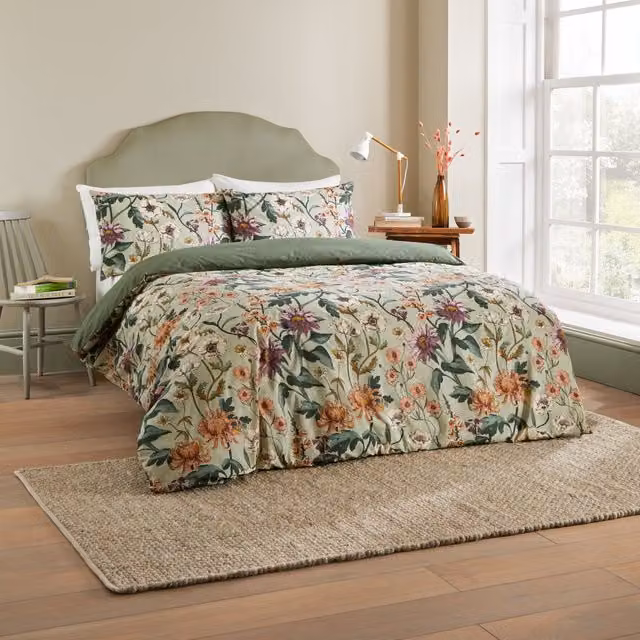 Terrys Reversible Floral Cotton Percale Duvet Cover Bedding Set in Green