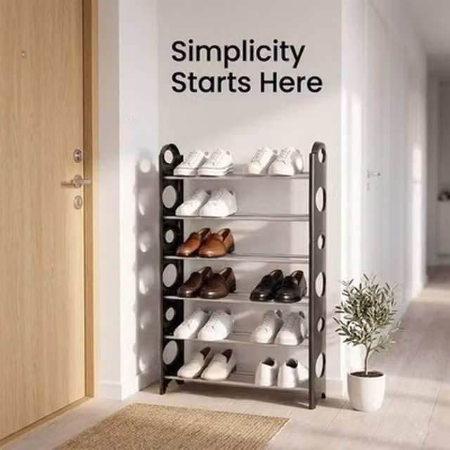 NESTLUNE 6 Tier Metal Shoe Rack Stand in Black, W/D/H: 100 x 15 x 15 cm