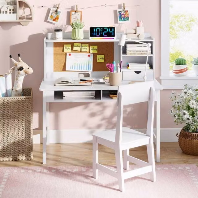 CASART Kids Wooden Study Table and Chair Set with Hutch and Shelves in White