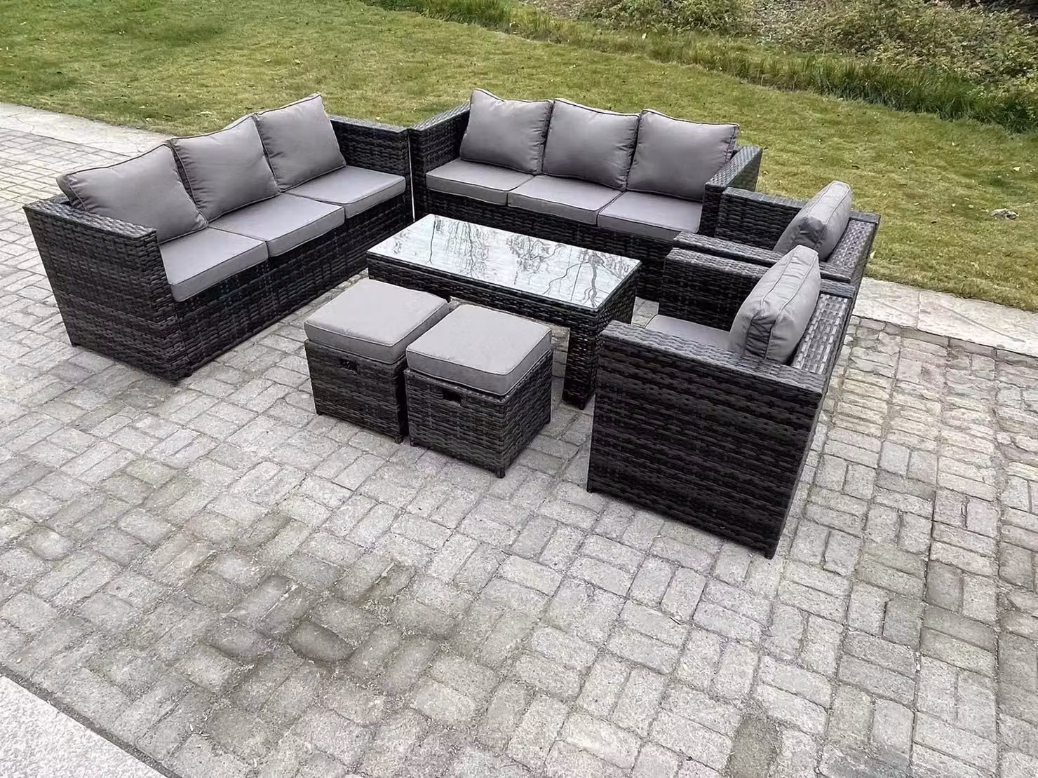 Fimous Modern Dark Grey Rattan Garden Lounge Sofa Set with Upholstered Cushions – 2