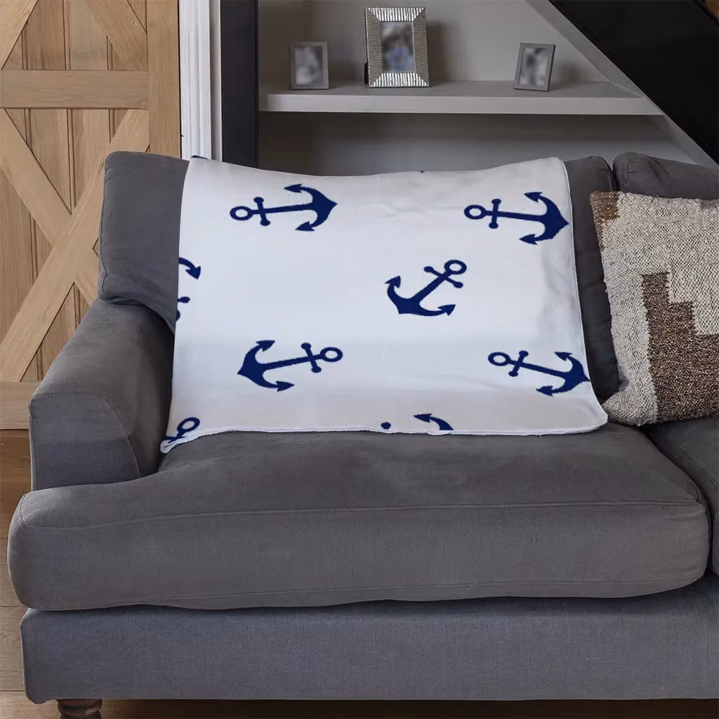 Benjamin Tate Design Navy Anchors White Fleece Blanket, W/D/H: 120 x 150 cm – 3