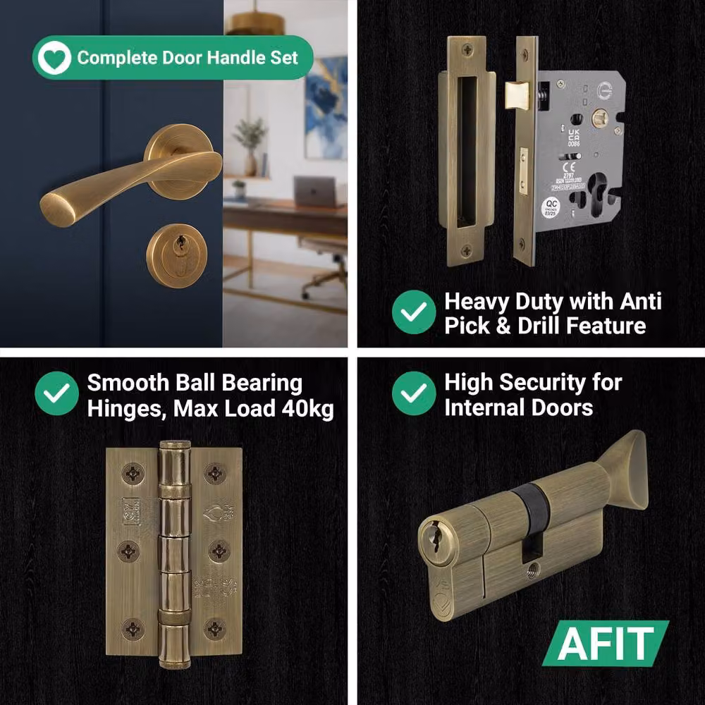 AFIT Antique Brass Door Handle with Euro Lock Thumbturn Cylinder and Hinges in Bronze, 150 x 150 mm – 7
