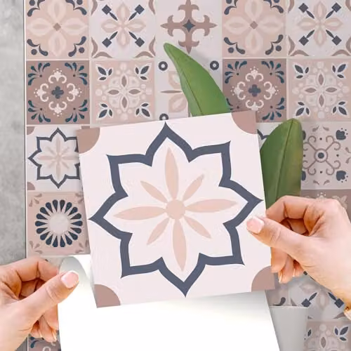 WALPLUS Menara Moroccan Tile Stickers, Pink and Grey Geometric Peel and Stick Self Adhesive Wall Decals, 24 PCS, W/D/H: 15 x 15 x 0.54 cm
