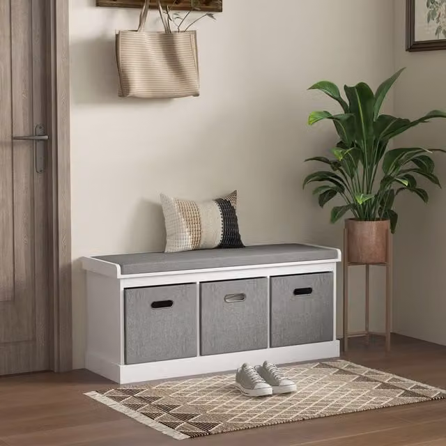 HOMCOM White Minimalist Shoe Storage Bench Seat with Fabric Seat and MDF Construction