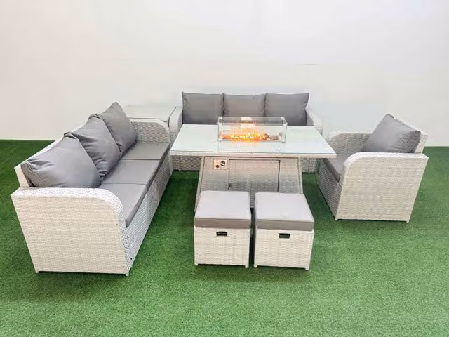 Fimous 9 Seater Poly Rattan Outdoor Garden Furniture Set in Grey with Firepit Dining Table, 3 Seater Sofa, Reclining Chairs and Stools
