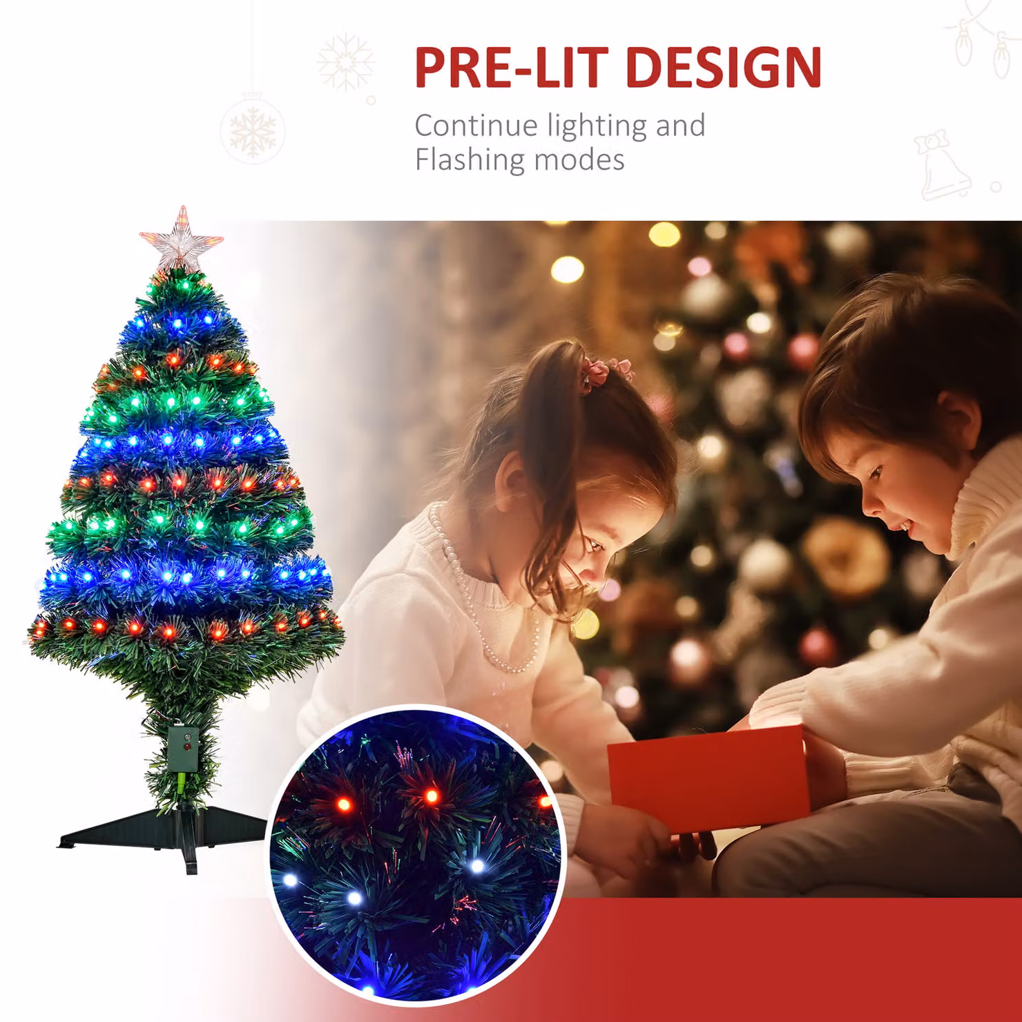 HOMCOM 90 cm Prelit Artificial Christmas Tree with Multicolour Fiber Optics in Green – 5