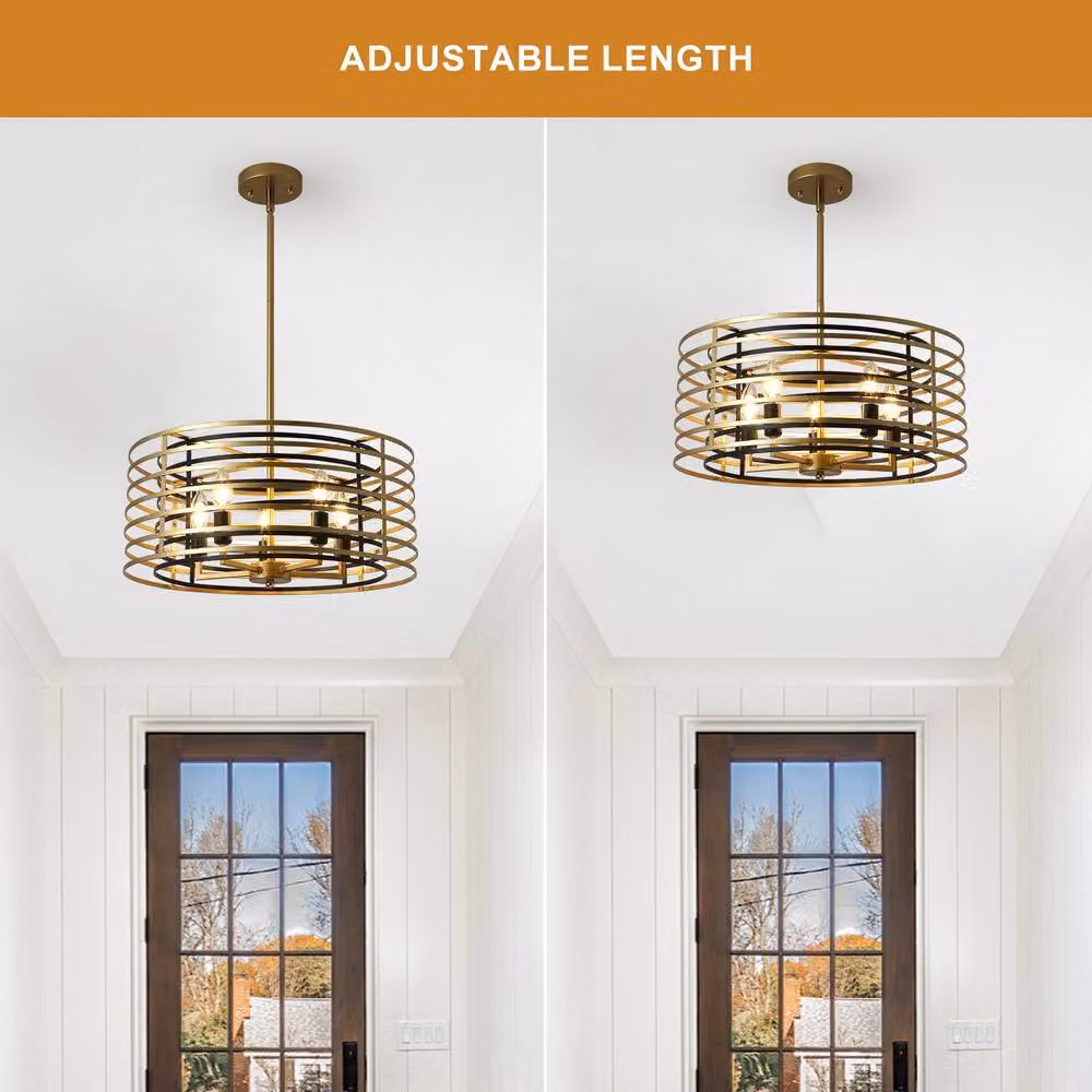 NIVOR 4 Light Adjustable Farmhouse Pendant Chandelier in Gold with Transparent Glass, E14 – 3