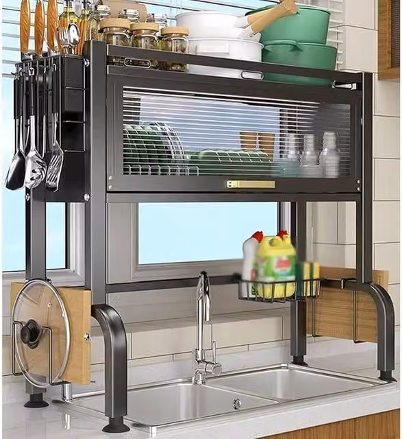 FORGEVIO Black Over Sink Dish Drainer Rack with Cutlery Holder and Drip Tray