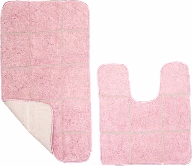 Roseley Checked Bath Mat Set with Non-Slip Rubber Backing in Purple and Pink