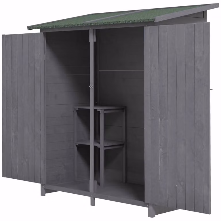 OUTSUNNY Grey Pent Garden Storage Shed with Shelving and Table, W/D/H: 124.5 x 65.0 x 160.0 cm