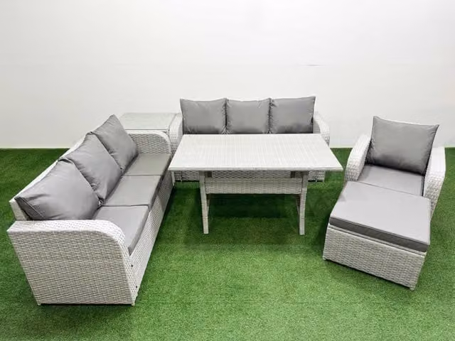 Fimous 8 Seater Poly Rattan Outdoor Garden Furniture Set in Grey with Rectangular Dining Table, 3 Seater Sofa and Reclining Chairs