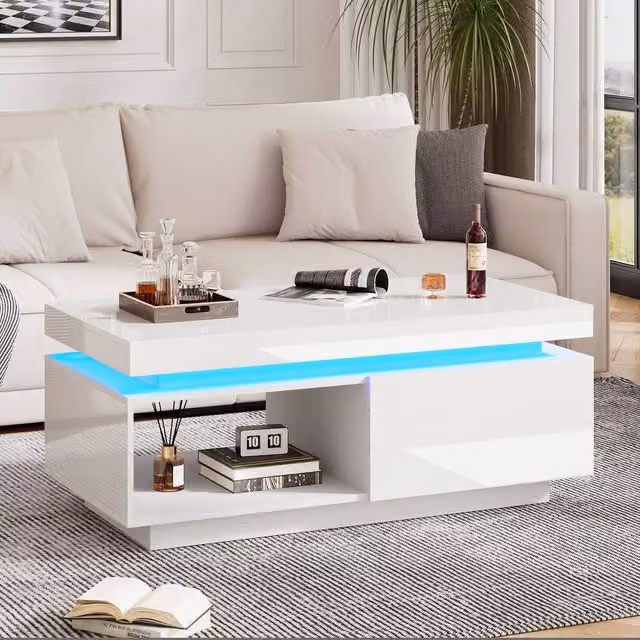 Fascinate White High Gloss LED Coffee Table with RGB Lights and Storage Drawer – 1