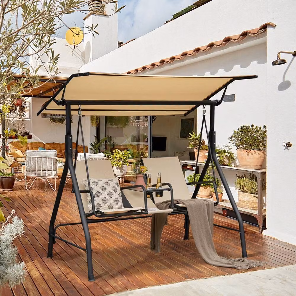NESTLUNE 2 Person Outdoor Patio Porch Swing Loveseat in Beige, W: 100 cm, D: 15 cm – 2