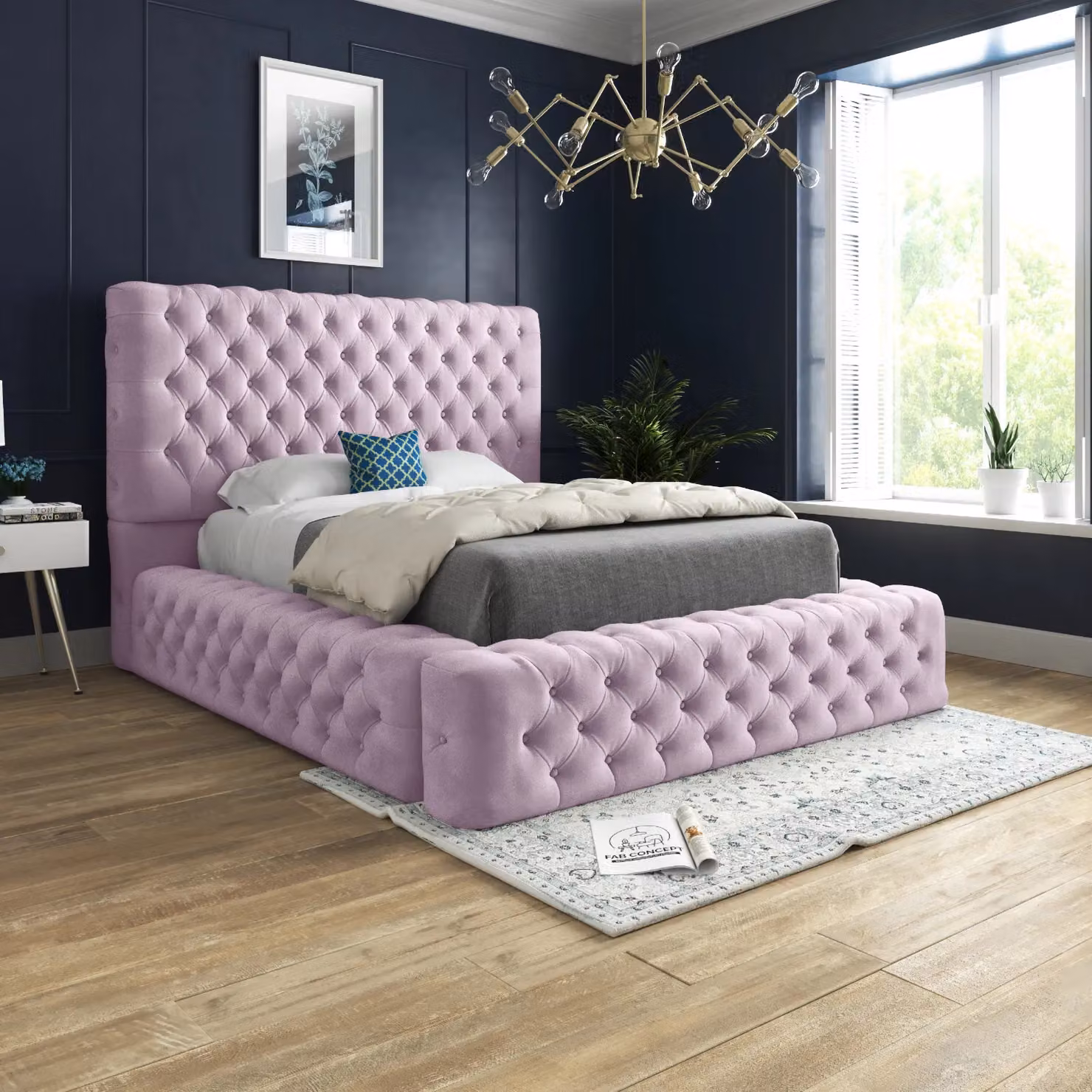 Casani Chesterfield Upholstered Velvet Bed Frame in Pink, W/D/H: 160 x 120 x 137 cm – 2