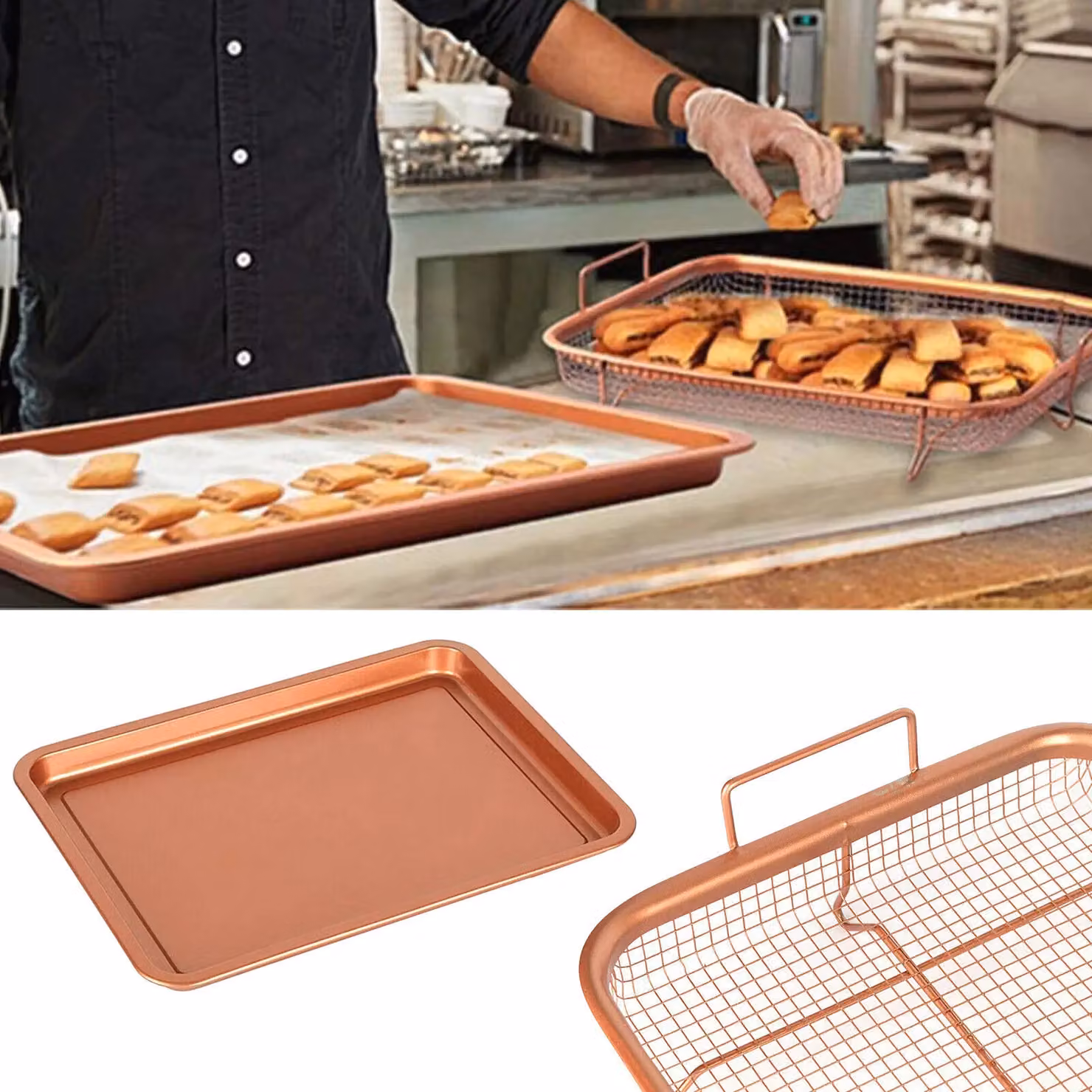 Xample Non-Stick Copper Rectangular Baking Tray and Crisping Mesh Basket – 4