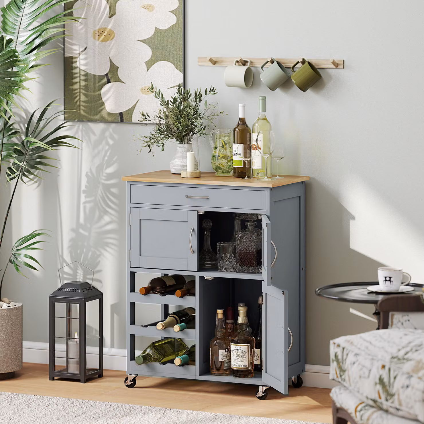HOMCOM Modern Kitchen Trolley with Drawer, 9-Bottle Wine Rack and Cabinets, Grey and White Rubberwood Storage Island – 2