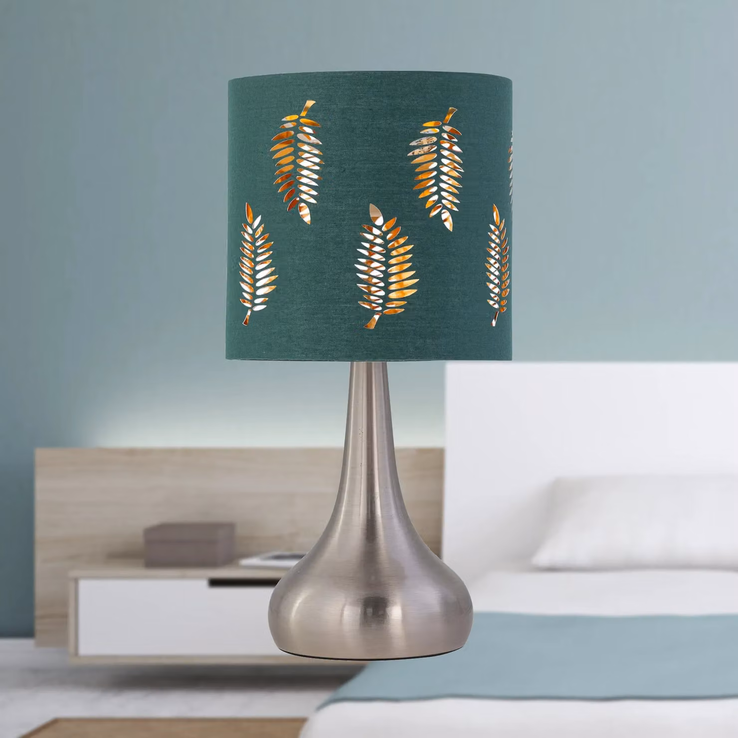 First Choice Lighting Romana Set of 2 Brushed Chrome Touch Operated Table Lamps with Dark Green Fabric Shades, Height: 36 cm – 6