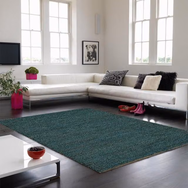 The Rug Shop UK Petrol Teal Handmade Modern Plain Jute Easy To Clean Area Rug W: 160 cm, D: 230 cm