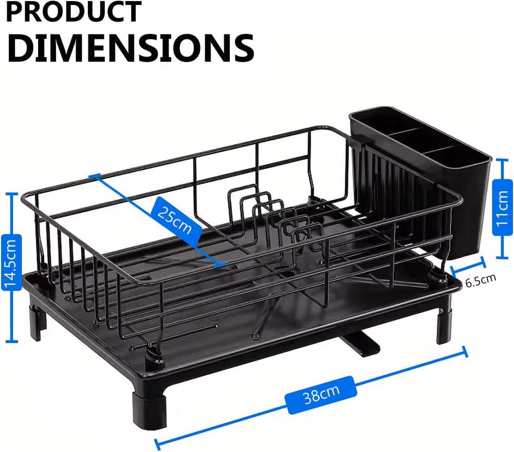 ATEK 1 Tier Stainless Steel Kitchen Dish Drainer Rack in Black with Cutlery Holder and Drip Tray – 7