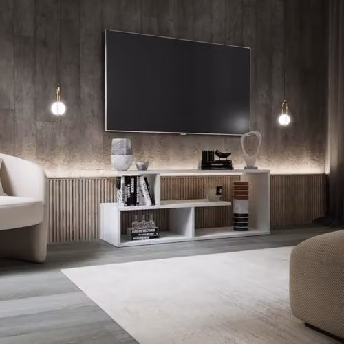 Shefa Eden Compact White Wooden TV Stand with Open Storage Shelves, W: 100 cm, D: 40 cm, H: 29.6 cm – 2