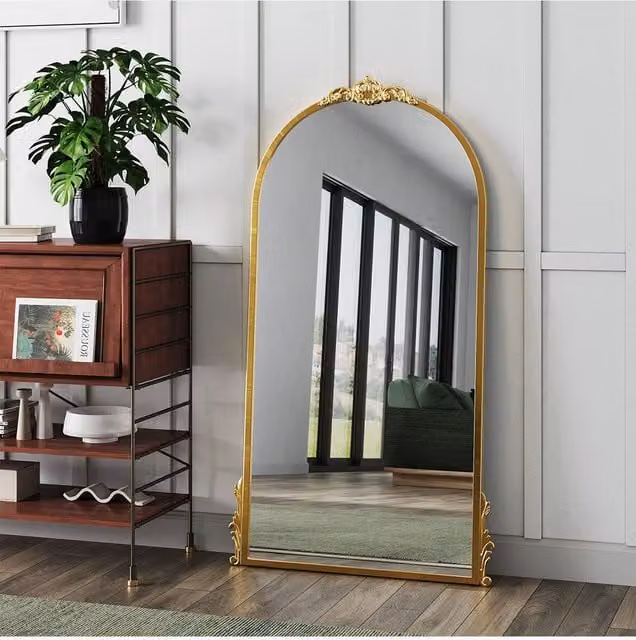 Living and Home Art Deco Gold Floral Carved Metal Frame Arch Wall Mirror, W: 60 cm, H: 120 cm