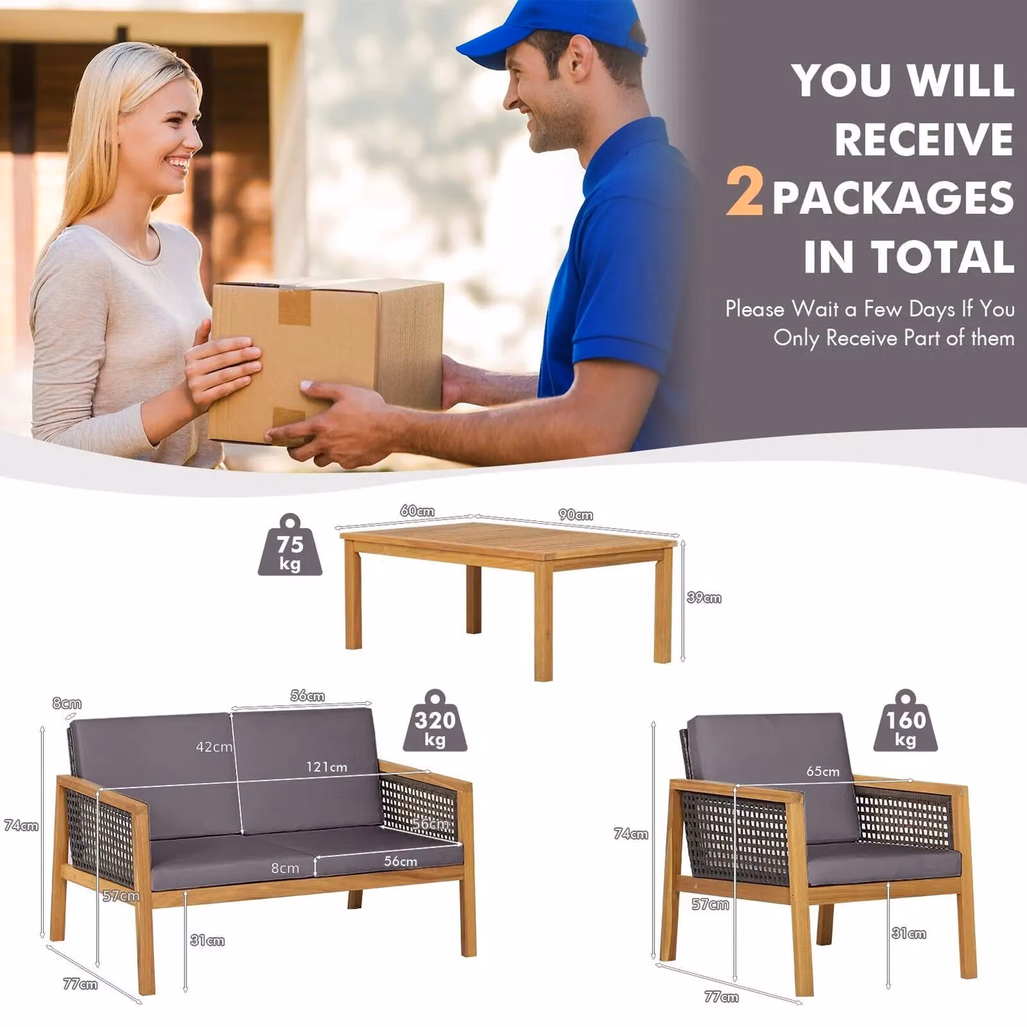 Costway 4-Piece Acacia Wood and PE Rattan Patio Furniture Set in Grey with Upholstered Cushions – 2
