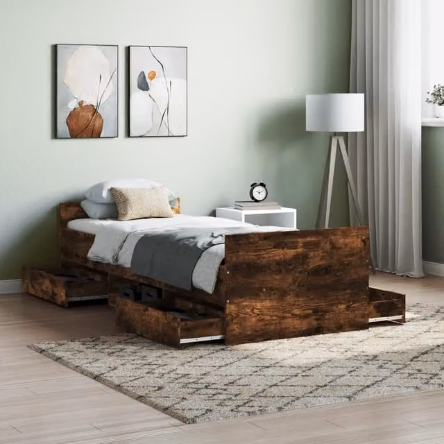 Berkfield Home Small Single Bed Frame with Headboard and Footboard in Smoked Oak Brown, W/D/H: 75 x 190 cm
