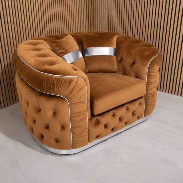 Stratus Interiors Ambassador Chesterfield Sofa in Light Tan Plush Velvet with Silver Trim