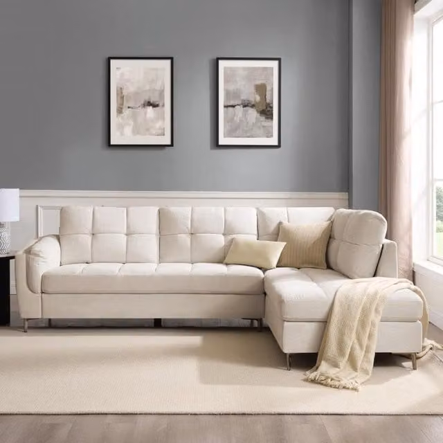 Rose L-Shape Corner Sofa in Beige Fabric, Right-Facing, W: 266 cm x D: 193 cm x H: 89 cm