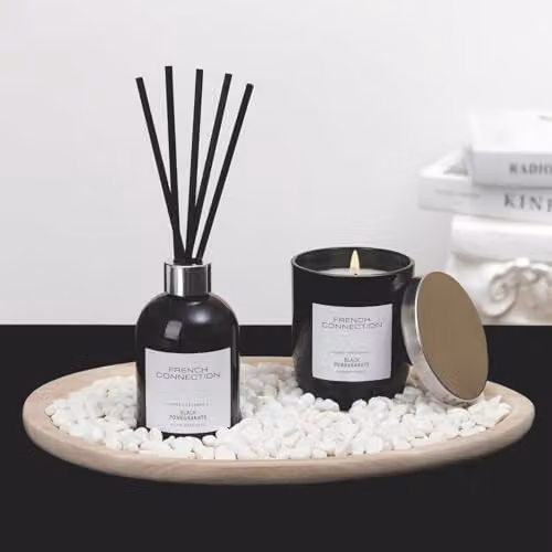 French Connection Black Pomegranate Home Fragrance Gift Set with Scented Candle, Reed Diffuser, Wooden Plate and Pebbles – 2