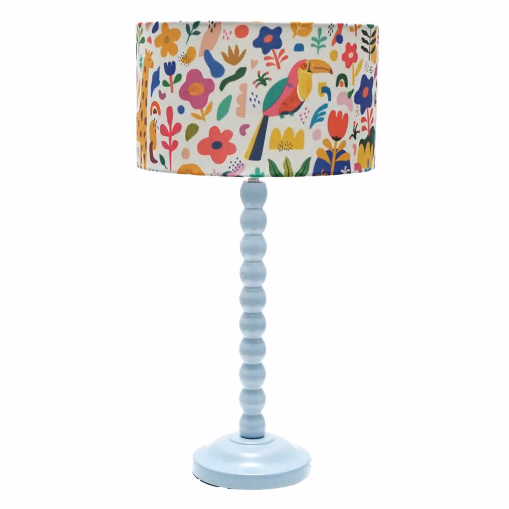 ValueLights Blue Bobbin Table Lamp with Multicolour Fabric Cylinder Shade and LED Bulb – 2
