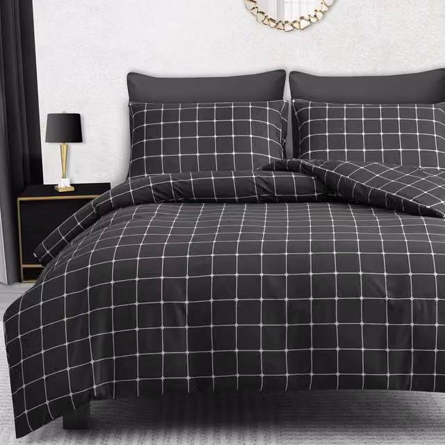Pamposh Checked Microfibre Duvet Cover Set with Matching Pillowcases in Grey Anthracite, W: 180 cm, H: 200 cm – 1