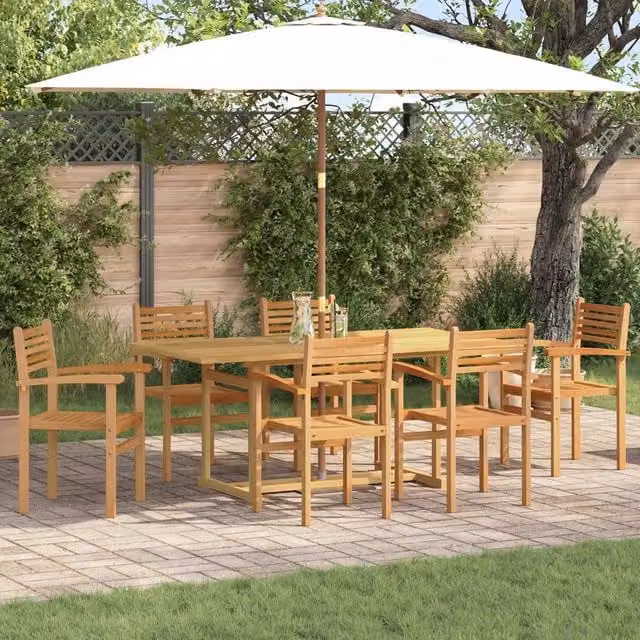 Berkfield Home Garden 7 Piece Modern Brown Solid Teak Wood Dining Set – 1