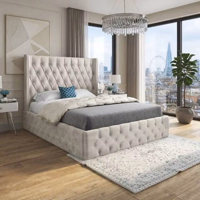 Casani Swineshead King Size Upholstered Velvet Bed Frame in Beige – 1