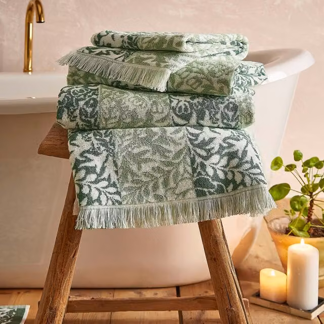 William Morris At Home Rose Stripe Cotton Terry Towel in Green