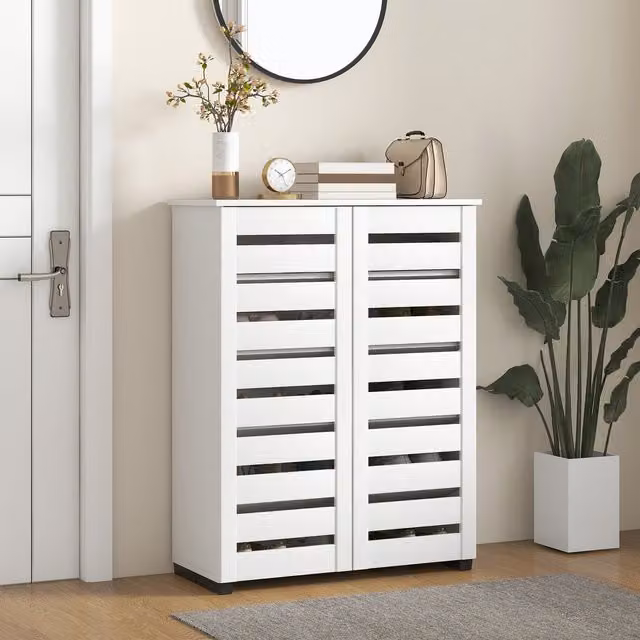 HOMCOM 5-Tier Narrow White Shoe Cabinet with Hinged Doors and Adjustable Flat Shelves