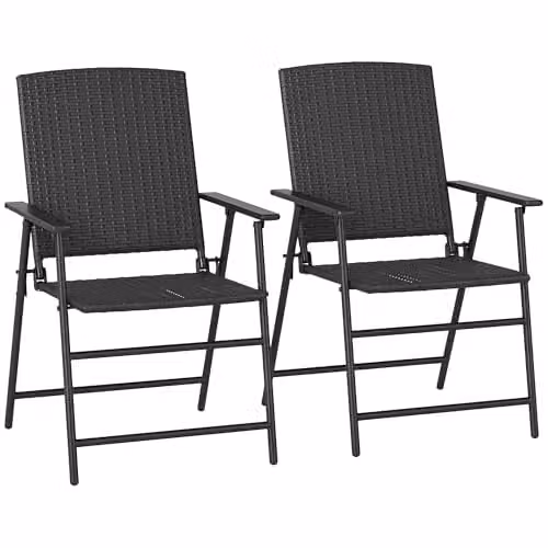 Outsunny Set of 2 Black PE Rattan Folding Garden Chairs with Armrests – 1