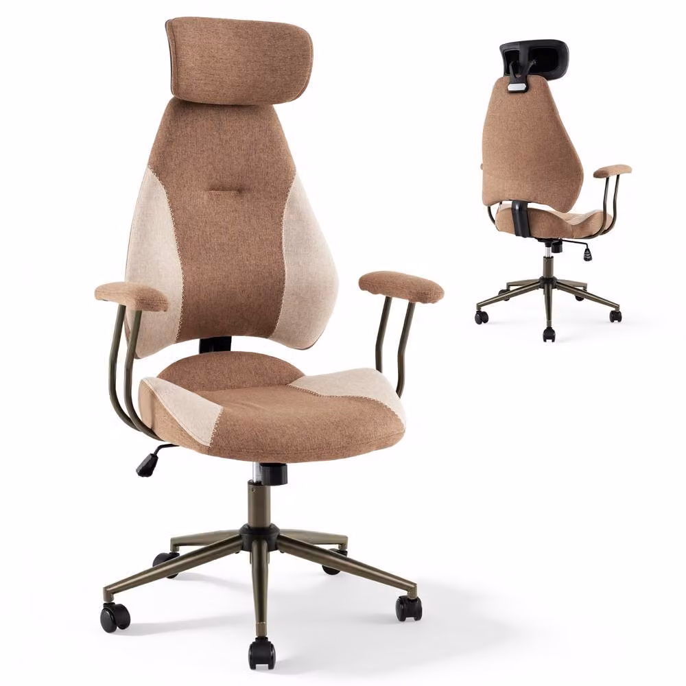 Costway Brown Fabric Office Chair with 2D Adjustable Headrest, Rocking Backrest and 360 Degree Swivel – 3