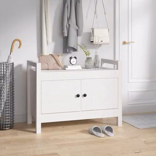 vidaXL Modern White Lacquered Pine Hall Bench and Shoe Rack, W/D/H: 80 x 40 x 60 cm – 2